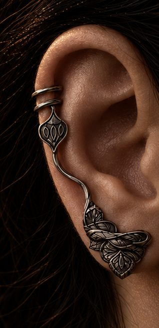 Leaf in Shadow ear cuff worn on the ear