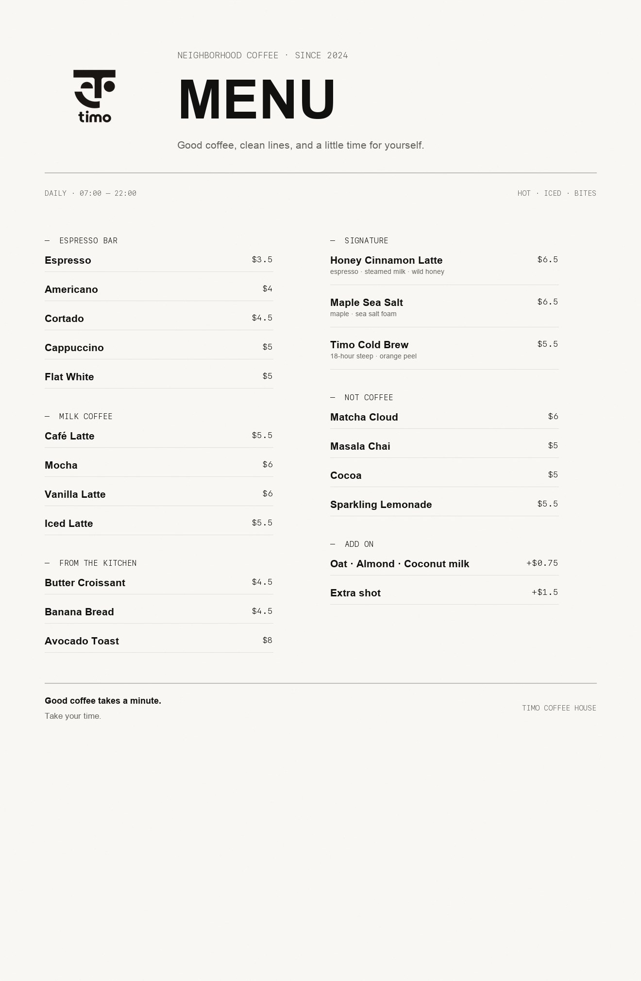 Timo café menu