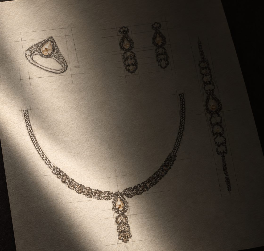 Jewelry sketches: ring, earrings, necklace and bracelet