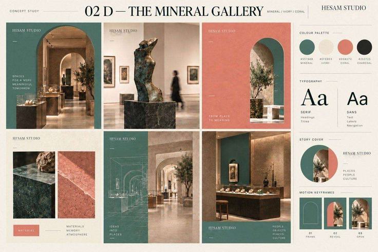 The Mineral Gallery, a concept study for Hesam Studio: arched gallery spaces, a bronze figure, mineral green, ivory and coral palette