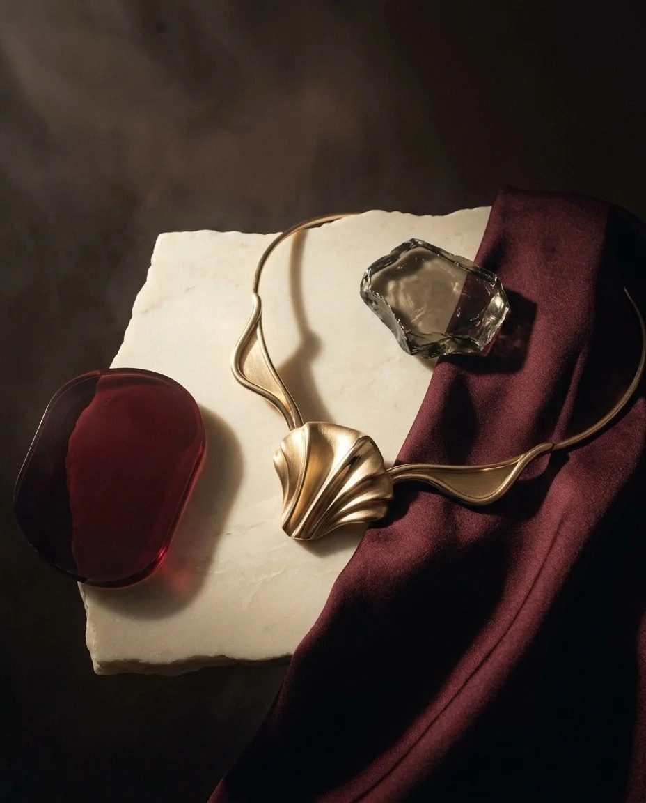 VELORA fan-shaped gold necklace and earring on stone and oxblood silk